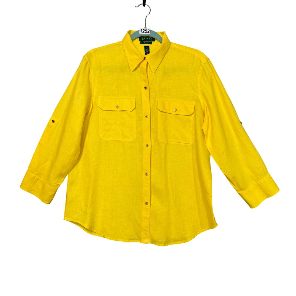 Lauren Ralph Lauren Linen Shirt Womens Large Yellow Preppy Cottagecore Beach